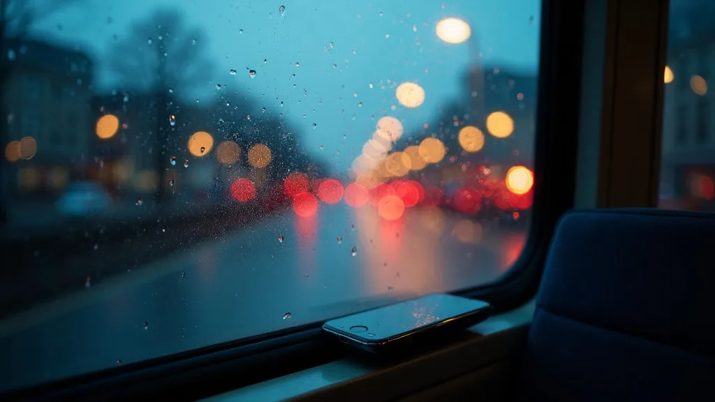 fenetre de metro sous la pluie, telephone sur l accoudoir