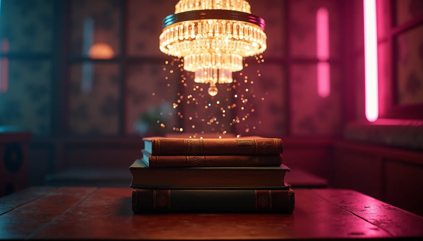 lustre de cristal scintillant au-dessus de vieux livres reliés cuir