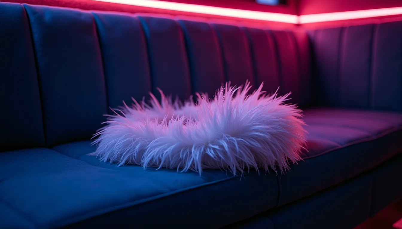 boa de plumes d'autruche lové sur une banquette de velours bleu nuit